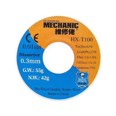 Alambre de soldadura 0,3mm 55g HX-T100 [MECHANIC]. Núcleo de resina limpio