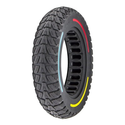 Rueda Maciza Ultraligera 10x2,125 Offroad. Línea roja, azul y amarilla