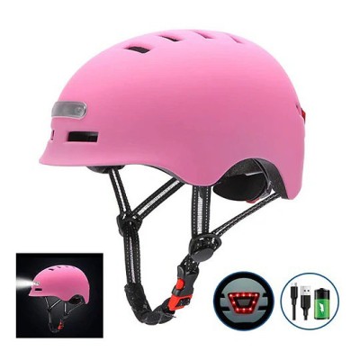 Casco Rosa con Luz trasera y delantera (Recargable USB) para Scooter, Bicicleta y E-Bike - Talla L  [City Wheel]