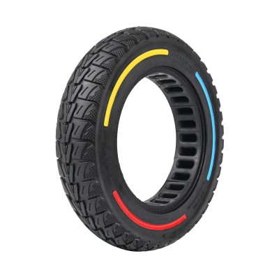 Rueda Maciza Ultraligera 10x2,125 Offroad. Línea roja, azul y amarilla